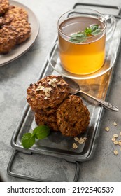 Banana, Rolled Oats Peanut Butter Cookies With Cup Of Tea. Healthy Snack, Breakfast