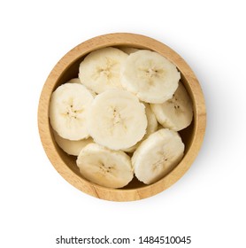 Banana Slice In Wood Bowl Isolated On White Background. Top View