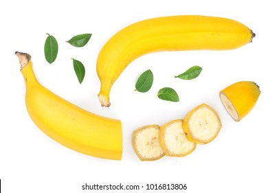 banana sliced with green leaves isolated on white background. Top view. Flat lay