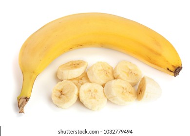 Banana Sliced Isolated On White Background. Top View. Flat Lay