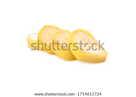 Banana slices isolated on white background. Fresh fruit