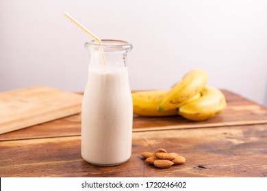 Banana Smoothie With Almonds. Energizing Smoothie Ideal For Snack Before Or After A Workout.