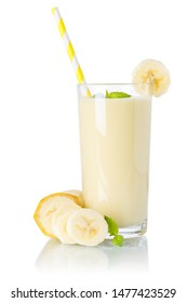 Banana Smoothie Fruit Juice Drink Straw Milkshake Milk Shake In A Glass Isolated On A White Background