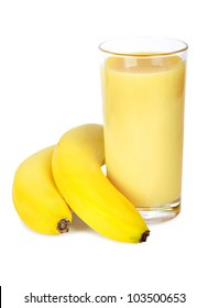 Banana Smoothie In Glass On White Background