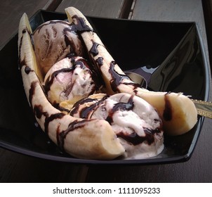 Banana Split With Chocolate On A Hot Summer Day As A Beautifull Refreshment. 