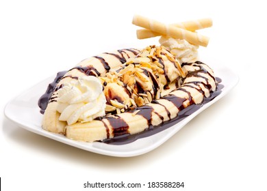 A Banana Split With Ice Cream Cones Isolated On White Background