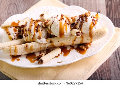 Banana Split, Banana And Ice Cream Dessert With Toppings