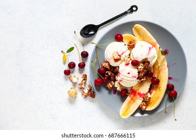 Banana Split. Banana And Ice Cream Dessert. Top View. Copy Space