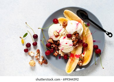 Banana Split. Banana And Ice Cream Dessert. Top View. Copy Space