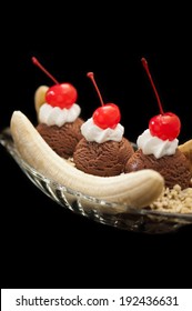 Banana Split Ice Cream Isolated Over Black Background