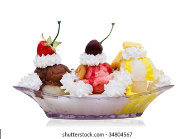 A Banana Split Ice Cream Isolated On A White Background