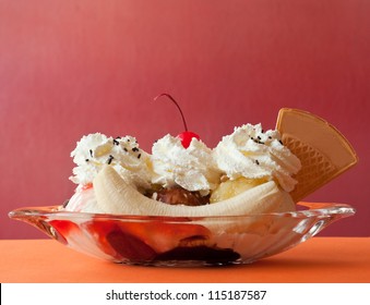 Banana Split Ice Cream On The Restaurant Table