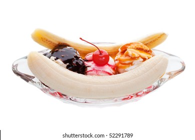 Banana Split Ice Cream On A White Background