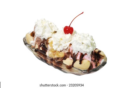 Banana Split Isolated On White Background With Clipping Path.