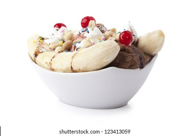 Banana Split On A Boat Dish Against White Background