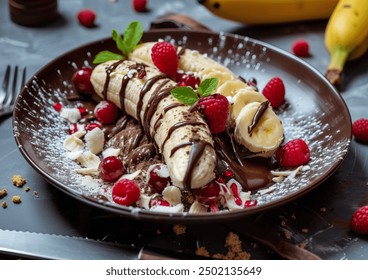 Banana split topped with whipped cream, nuts, and cherries, displayed in a glass dish, professional food photography with a vibrant presentation and appealing composition. - Powered by Shutterstock