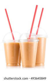 Banana, Strawberry And Pineapple Smoothie In Three Size Of Plastic Cup