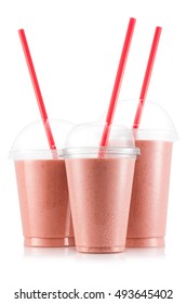 Banana And Strawberry Smoothie In Three Size Of Plastic Cup