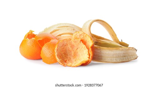 Banana And Tangerine Peel On White Background. Composting Of Organic Waste