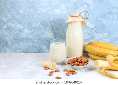 Banana vegan alternative milk lactose and gluten free, no allergies, healthy eating concept, maintaining healthy gut microflora, diet food, weight loss, selective focus