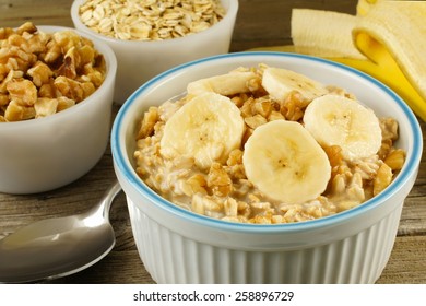 Banana Walnut Overnight Oatmeal In A Bowl On Wood Table              