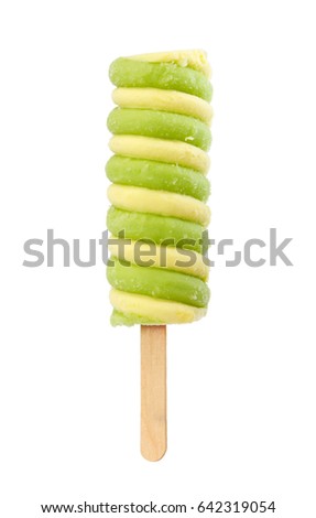Banana-lime popsicle isolated on white background. Fruit ice on stick.