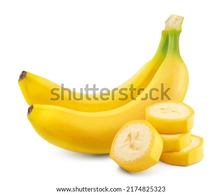 Bananas isolated. Ripe bananas and peeled sliced bananas on a white background.