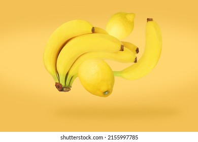 Bananas and lemons. Falling bananas and lemons on a yellow background. falling fruits