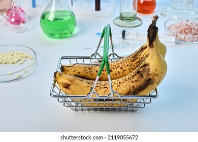 Bananas in metal basket - labs photo. Two yellow ripe bananas in metallic toy basket. Food control laboratory of fruit safety. Chemical expertize of exotic fruits for GMO nutriments. Diet analysis. - Shutterstock ID 2119055672
