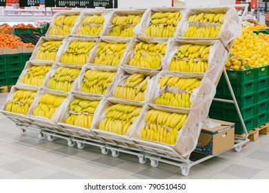Bananas on supermarket shelves