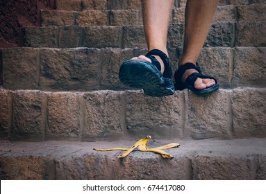 Banana's peel is on the stairs - traveler can steps on it 
