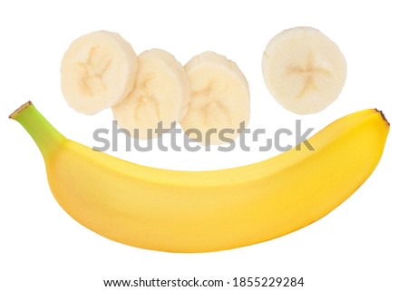 bananas with slices isolated on white background . Top view. Flat lay
