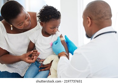 Band Aid, Covid Vaccine Or Family With Doctor In Hospital, Healthcare Or Children Medical Room. Girl, Mother Or Pediatrician Worker And Plaster For Patient Arm After Medicine Security Or Virus Safety