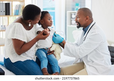 Band Aid, Covid Vaccine And Kids With Doctor, Healthcare Employee Or Medical Pediatrician In Hospital. Black Family, Mother Or Girl For Global Virus Medicine As Security, Safety Or Wellness Insurance