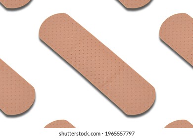 Band Aid On White Background, Pattern Made With Band Aid. 