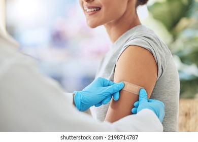 Band Aid, Vaccine Or Injection For Covid And Global Virus In Security, Safety Or Wellness Insurance. Doctor Hands, Medical Employee Or Healthcare Worker With Plaster For Happy Or Smile Hospital Woman