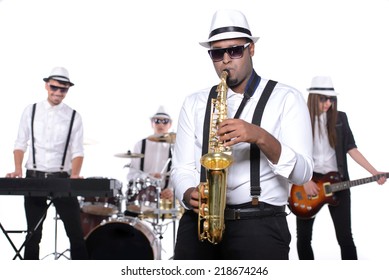 Band Of Musicians With Instruments. Isolated On White Background