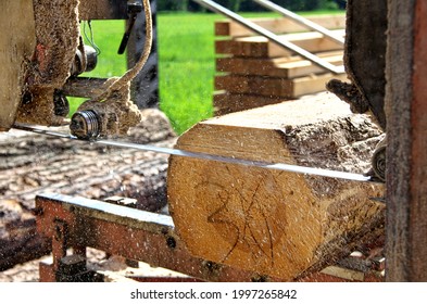 the band sawmill cuts the log into planks. sawdust fly to the sides. saw tensioner roller.