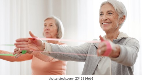 Band, yoga class and senior happy people stretching, listening and exercise arm for activity, retirement or club. Resistance fabric, pilates and elderly women training, fitness and workout in studio - Powered by Shutterstock