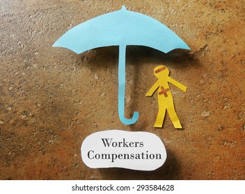bandaged paper man under umbrella with Workers Compensation note below  - Shutterstock ID 293584628