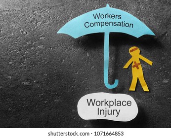 bandaged paper man under Workers Compensation umbrella with Workplace Injury note below  - Shutterstock ID 1071664853