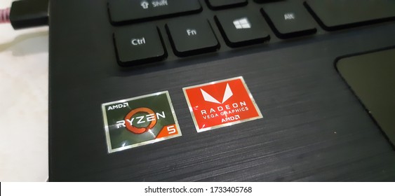 Bandar Lampung, Indonesia May 17 2020, AMD Ryzen 5 Sticker On Acer Laptops