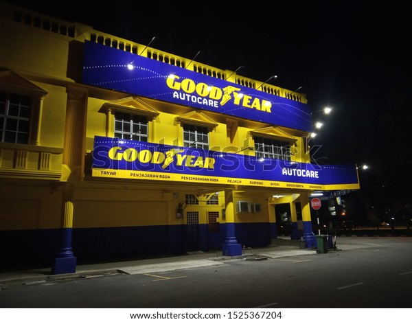 Bandar Perda, Pulau Pinang, Malaysia -\
15th July, 2019: Goodyear Autocare branch outlet, shop of tire.\
Beautiful pictures at night with sports\
lights.