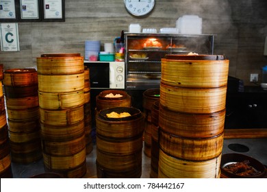 Bandar Seri Begawan, Brunei - Dec 3, 2017: Stacks of dim sums in rattan steamers.  Most local dishes are very spicy, given that Brunei is home to a huge varieties of spices.