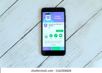 BANDAR SERI BEGAWAN,BRUNEI - JULY 25TH,2018 : Smartphone With Protect Free VPN+Data Manager Apps On An Android Google Play Store.