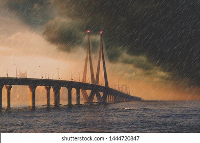 Bandra Worli Sea Link Bridge Of Mumbai In Monsoon While Raining With Dark Cloud