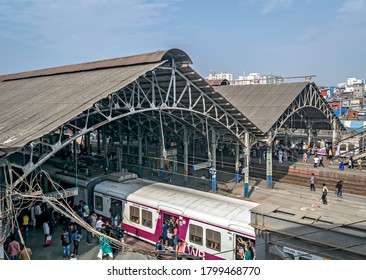 Bandra,Mumbai,India-January 25th, 2020:Local Train Enters Old Roof Structure Of Bandra Suburban Railway Station In Mumbai,India.