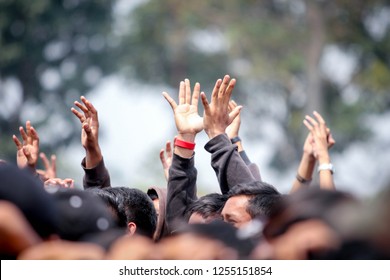 Bandung, Indonesia - 07th February 2016: The Excitement of Concert Goers Rising Their Hands up in the Air - Shutterstock ID 1255151854