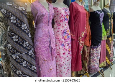 Bandung, Indonesia, 2022-05-14, display of various Indonesian traditional clothes of kebaya  