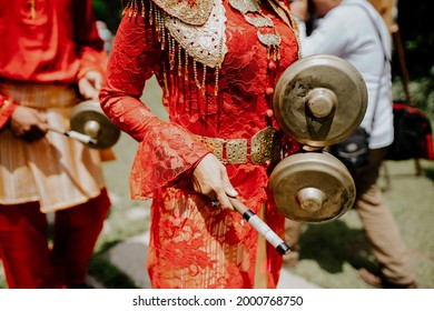 Bandung, Indonesia April 14 2018 : Talempong Musical Instruments And Traditional Clothes Typical Of West Sumatra, Indonesia